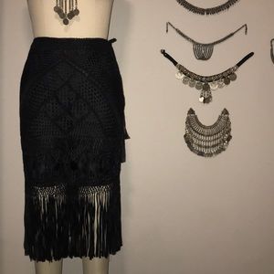 Vintage 70s Macrame Rayon Fringe Woven Skirt